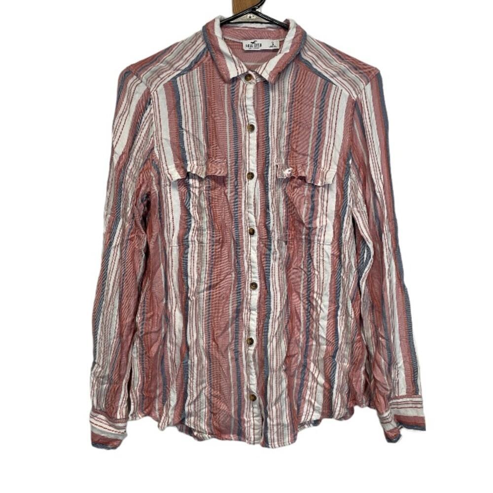 Hollister Pink & White Striped Long Sleeve Button Down Shirt Size S‎